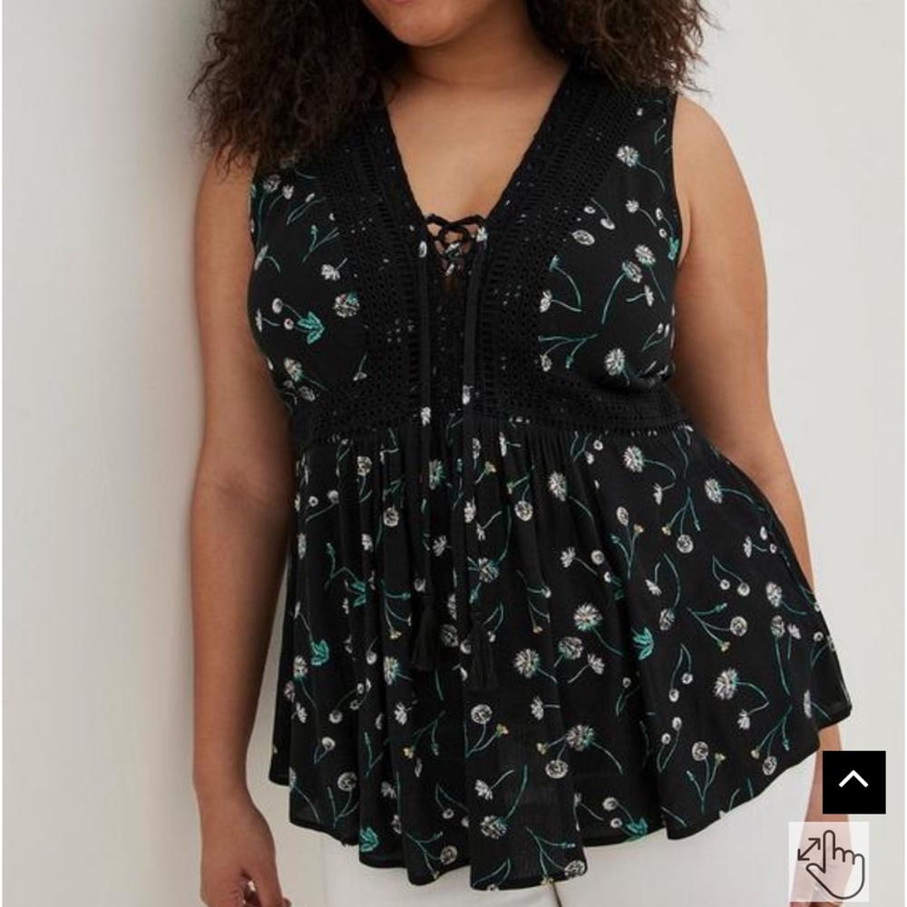 Torrid Babydoll Crinkle Gauze Crochet Inset Lace-Up Top